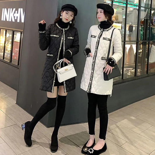 Cotton-padded Jacket Women Winter Korean Woven Diamond Lattice Light and Thin Mid-length Cotton-padded Jacket Women's Padded Jacket