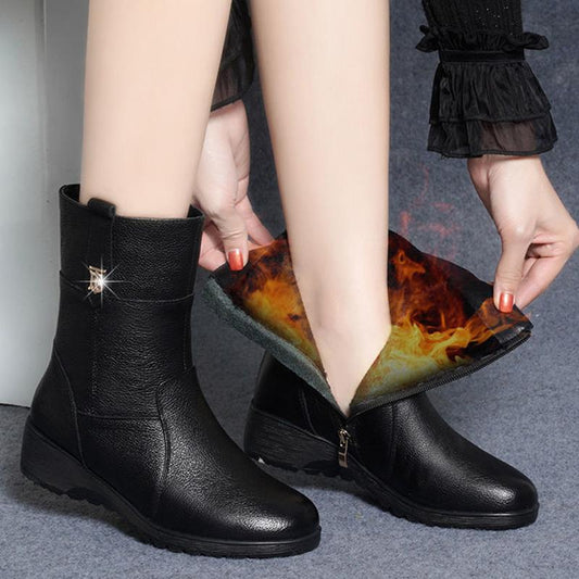 Mid-tube Boots Women's Short Boots Winter Plus Velvet Cotton Shoes Thick-soled Warm Leather