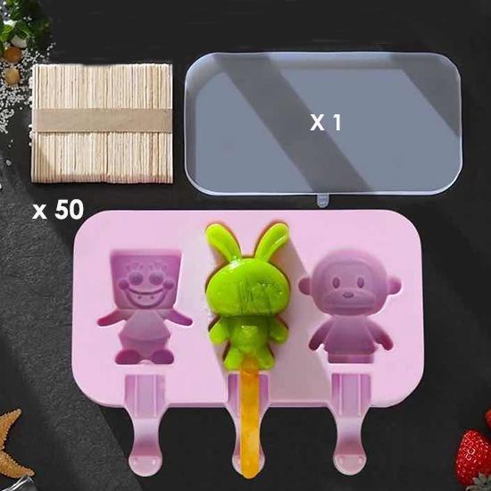 Homemade Food Grade Silicone Ice Cream Molds Ice Lolly Moulds Freezer Cartoon Ice Cream Bar Molds Maker with 50 Popsicle Sticks