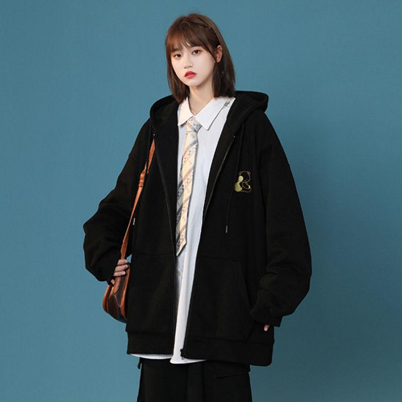 Loose Hooded Jacket Women's Salt Style All-match Lazy Wind Sweater Cardigan Spring and Autumn Loose Baseball Uniform Warm Jacket