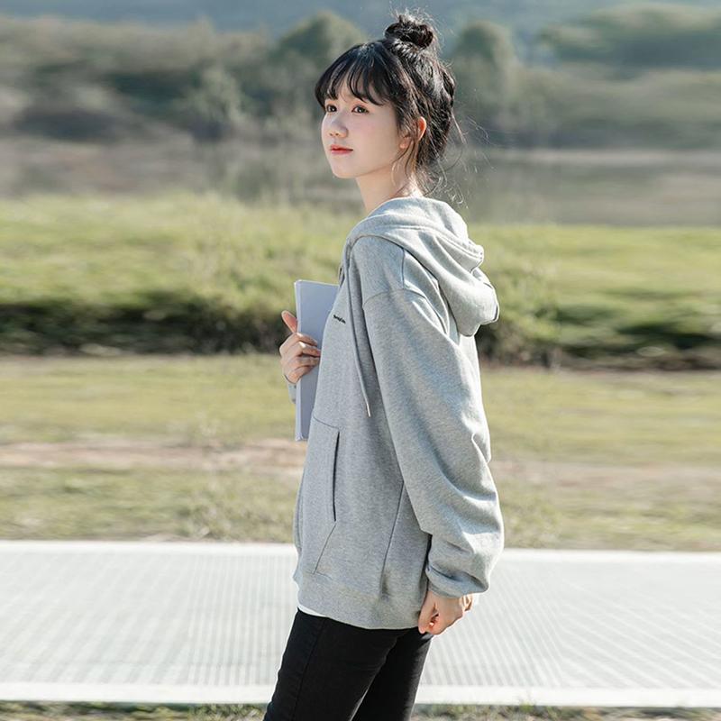 Spring and Autumn Gray Hooded Cardigan Sweater Women Korean Sports Loose All-match Casual Jacket