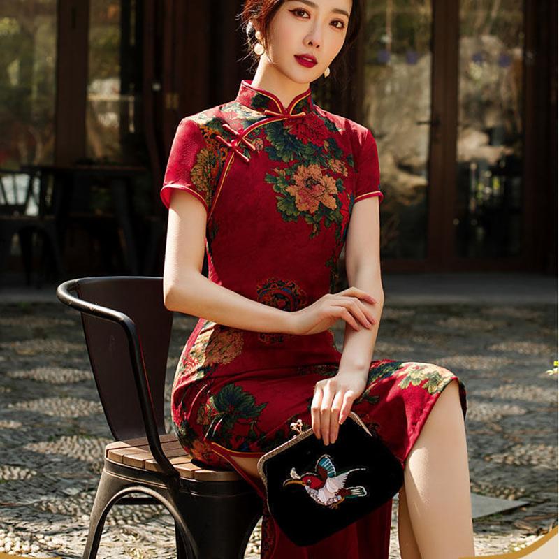 High-end Cheongsam Women's Mid-length Summer Short-sleeved Flower Luo Low Slits Retro Slim Slim Banquet Dress