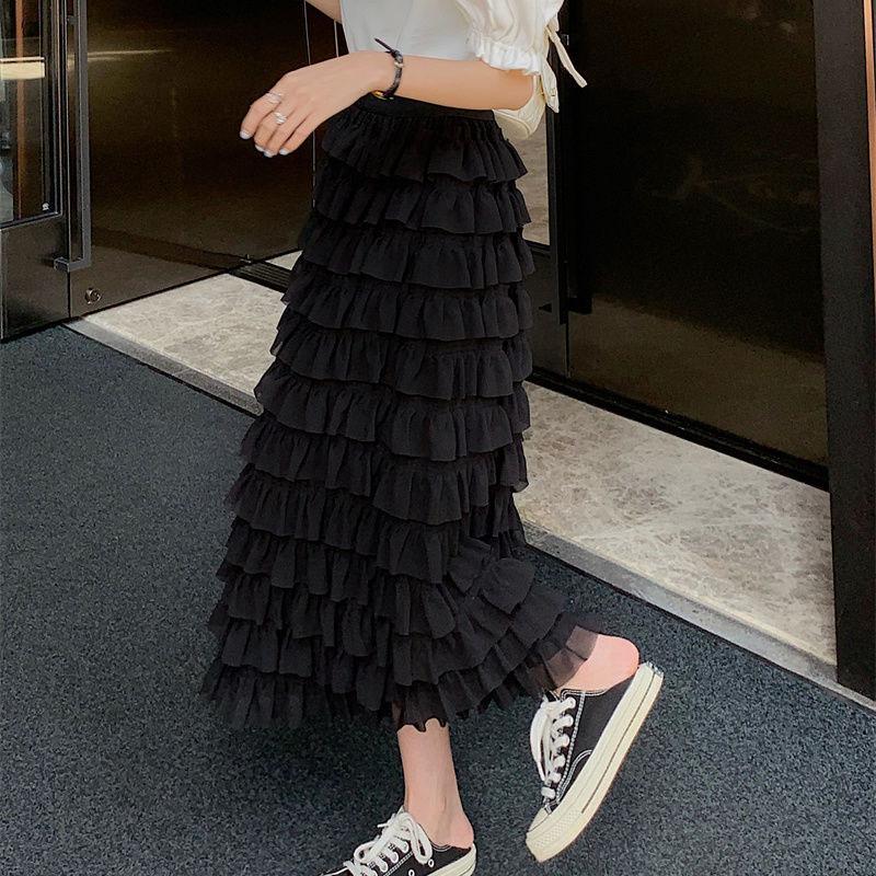 Women Tiered Skirts Summer Elegant Chiffon A-line Layered Skirt Female Elastic High Waist Preppy Style Dancing Long Skirts