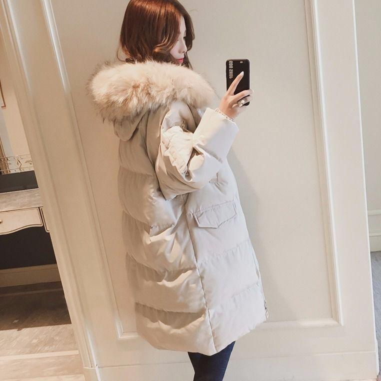 Autumn and Winter Ladies Down Padded Jacket Long Over The Knee Fur Collar Hooded Down Padded Jacket Slim Hooded Padded Warm Parka Coat