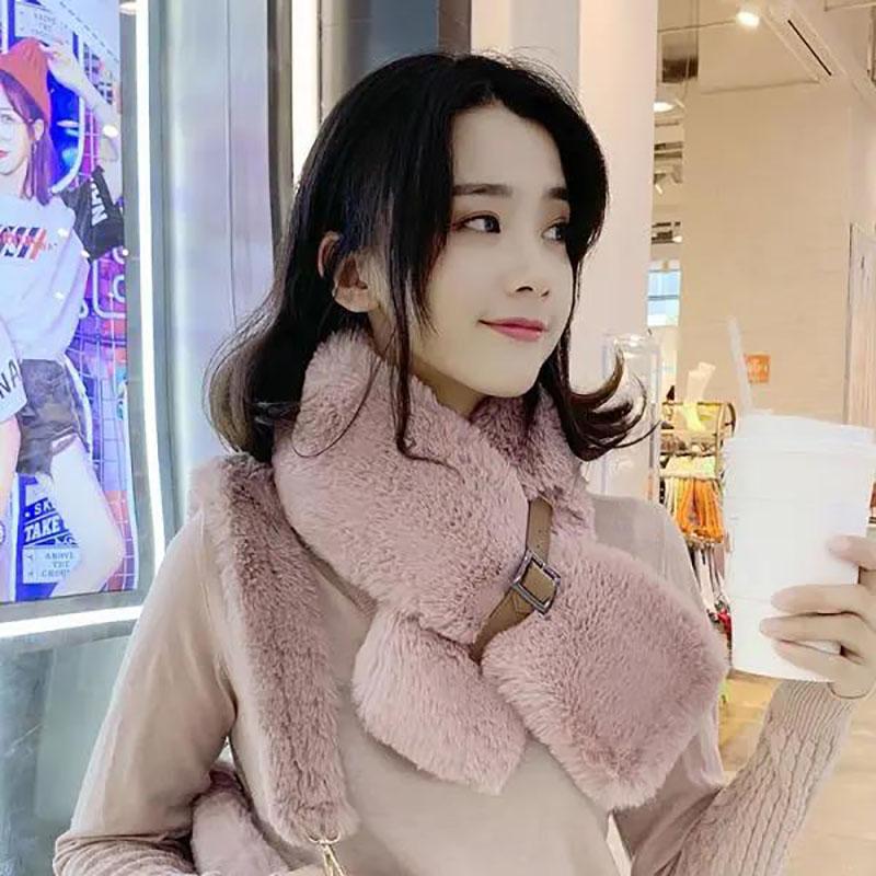 Winter Imitation Rabbit Fur Scarf Korean Fashion All-match Leather Buckle Scarf Warm Thick Plush Scarf Shawl