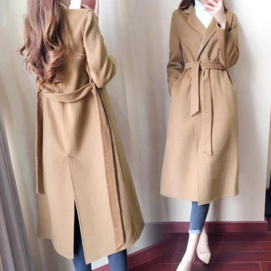 Autumn Winter Coat Women Casual Wool Jackets Blazers Female Belt Long Coat Ladies Plus Size 4XL