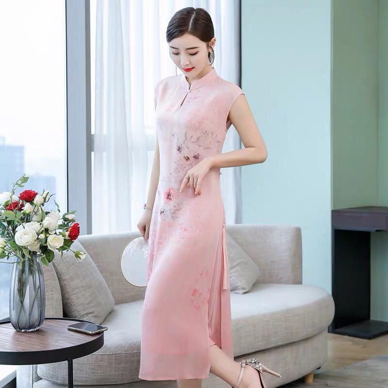 Cheongsam M-XXXXXL Plus Size Summer Chinese Style Chiffon Dress Knee-length Printed Over-the-knee Skirt