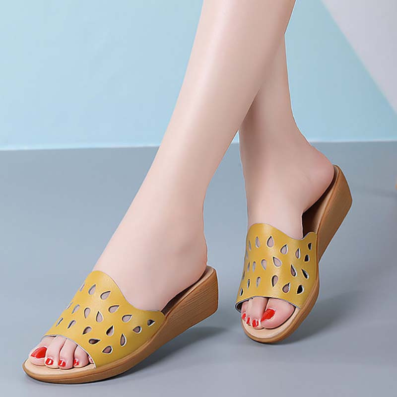 Leather Sandals and Slippers for Women To Wear In Summer Ladies All-match Fashion Slope-heel Mid-heel Soft-soled Non-slip Mother Shoes