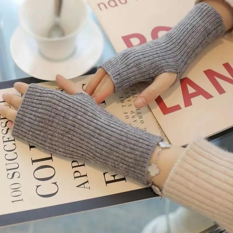 Women's Autumn Winter Plus Velvet Gloves Simple Thickening Warm Half-finger Knitted Gloves Solid Color Elastic Writing Sleeves Wristband Warm Mittens