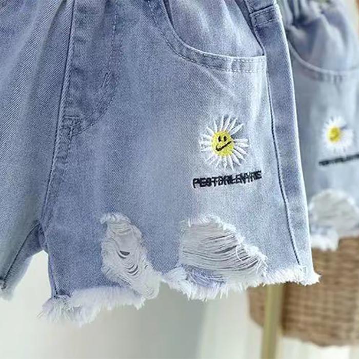 Children's Pants Summer Girls Casual Children's Jeans Printing Loose Hole Embroidery Shorts Pants