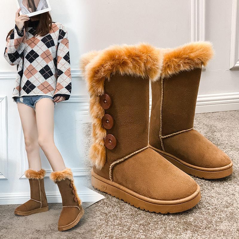 Snow Boots Women's Mid-tube Boots Flat-bottomed Plush Cotton Boots Winter Plus Velvet Padded Buckle To Keep Warm In Tube Cotton Shoes Women's Shoes