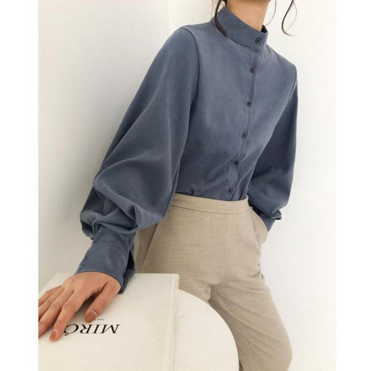 Black Stand-up Collar Shirt Women's Design Sense Niche Light Familiar French Temperament Shirt Retro Hong Kong Flavor Lantern Sleeve Top