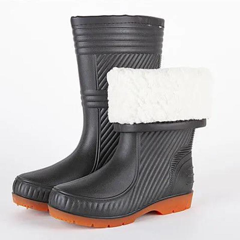 High Tube Rain Boots Men Thickened Middle Tube Rain Boots Warm Shoes Winter Water Shoes Cotton Rubber Shoes Plus Cotton Overshoes Car Wash Shoes