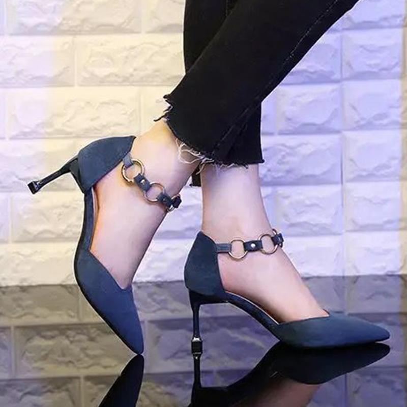 Spring Korean Version of All-match High Heels Pointed Toe Stiletto High Heels Women's Buckle High Heels Shoes Mid-heel