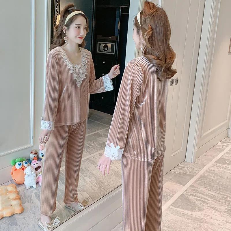 Winter Large Size Gold Velvet Pajamas Set Women's Lace Long-sleeved Sweet Home Wear Two-piece Loose Striped Square-neck Sleeping Suit