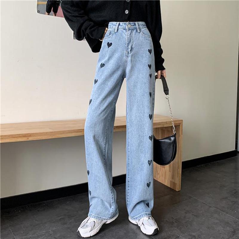 WTEMPO Heart-shaped Women's High Loose Casual Washed Denim Waist Wide Leg Pants Straight-leg Pants Super Long