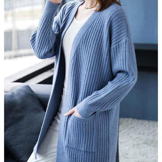 Autumn and Winter Cardigan Sweater Loose Casual Mid-length Top Clothes Solid Color Knitted Female Jacket