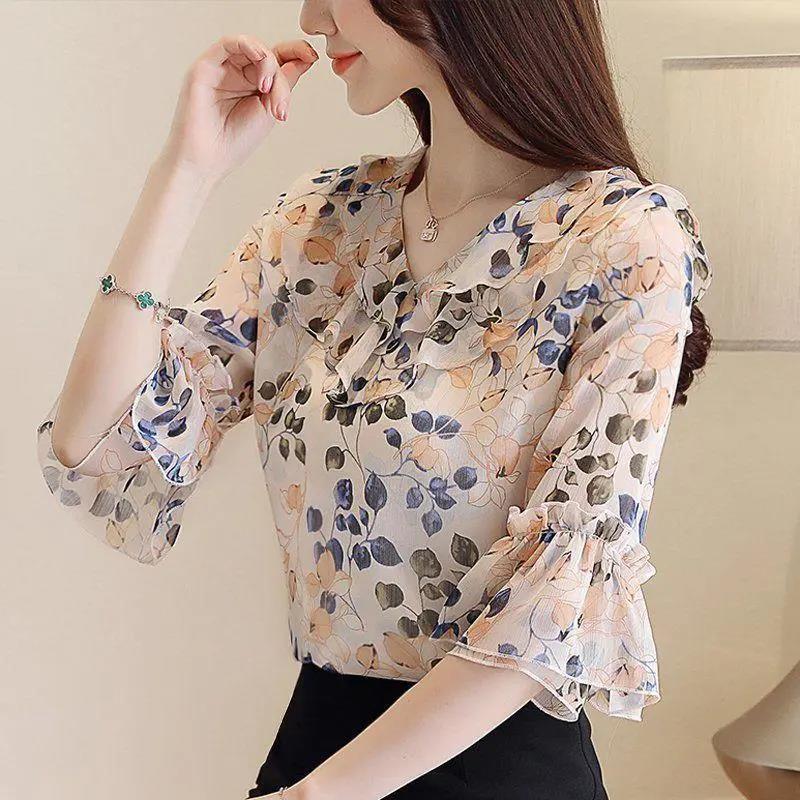 Women's Summer Short Sleeve Chiffon Shirt Printed Loose Large Size Shirt Top