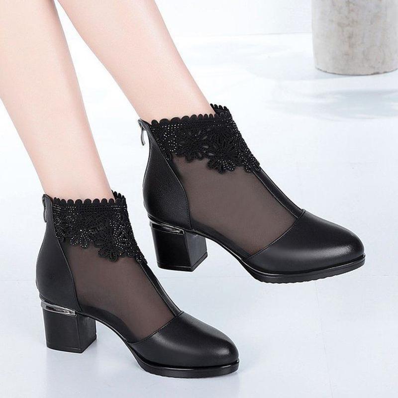 Net Boots Women's Thick-heeled High-heeled Women's Shoes Spring and Summer Sandals Hollow High-heeled Breathable Mesh Sandals Women