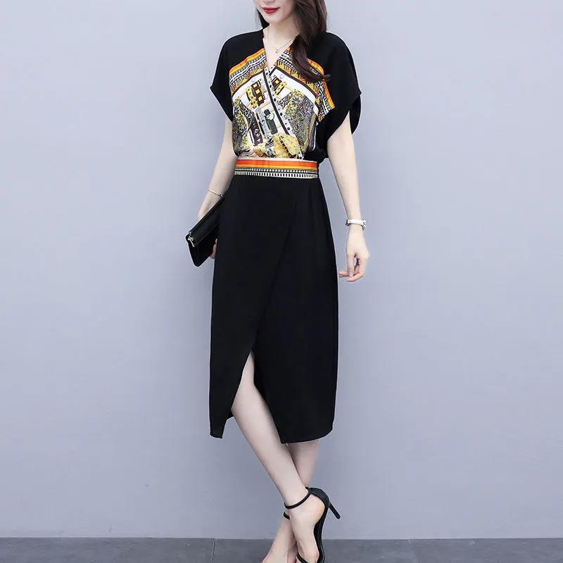 V-neck Print Split Slim Slimming Dress Summer Women's Temperament French Hepburn Style