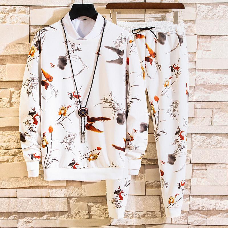 2pcs/set  Casual Sports Suit Outfits Men Autumn Printed Sweatshirt Pants Two-piece Handsome Sweatshirt Set