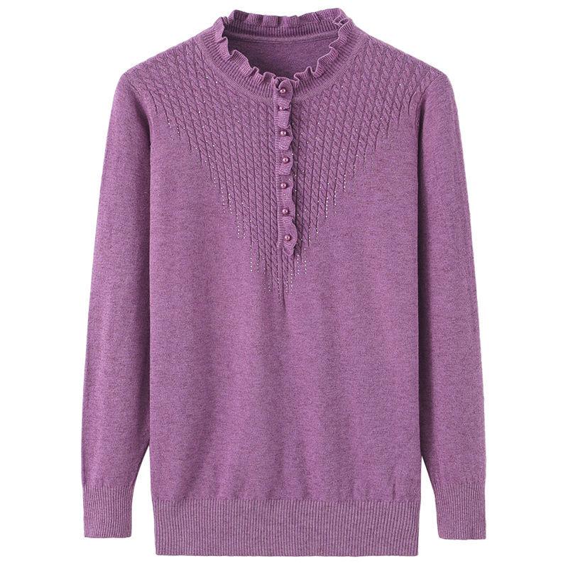 Women's Solid Color Sweater Mother Wear Half High Neck Knitted Pullover Lace Collar Bottoming Tops