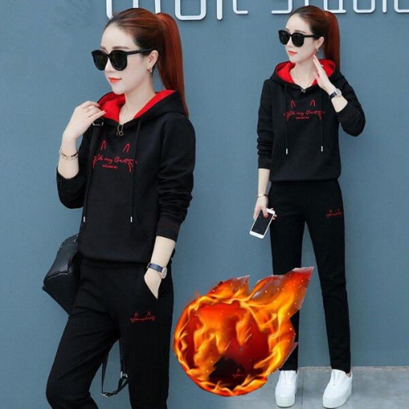 Plus Velvet Thickened Leisure Sports Suit Women Loose Hooded Hoodie Two-piece Fabric Breathable Warmth and Comfort