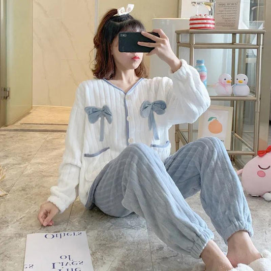 Women's Winter Thickened Coral Fleece Pajamas Set Flannel Cute Sweet Bow Printing Stripes Cardigan Winter Suit Homewear Long Sleeves Sleeping Suit