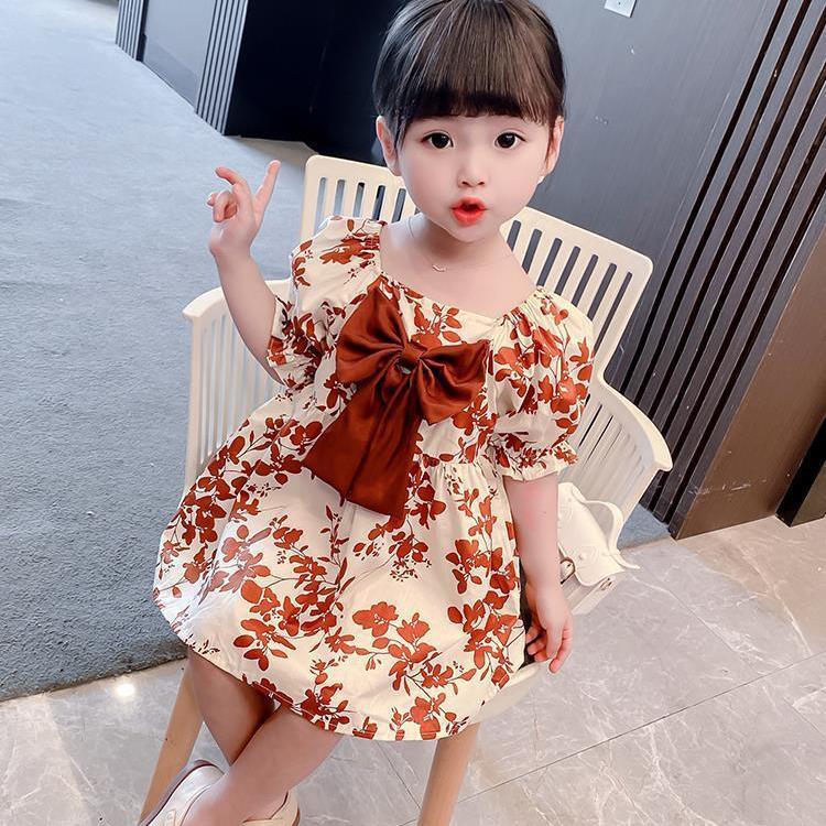 Children Dress Spring Summer Girls' Bow Chiffon Dress Floral Skirt Short Sleeve Girdle Princess Skirt A-line Dress