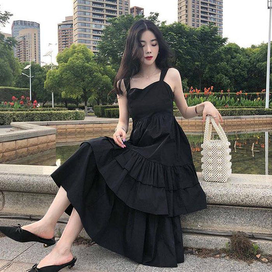 Pofulove Women Retro Black Camisole Dress Pleated Hepburn Below The Knee Waist Skirt Beach Dresses