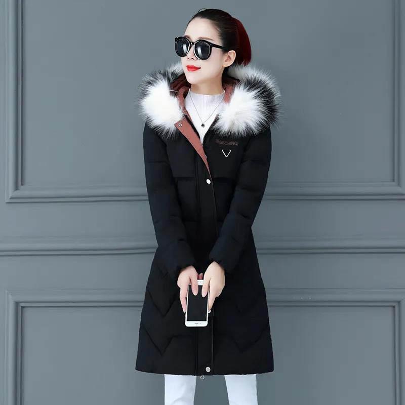 Down Padded Jacket Women's Mid-length Winter Clothes Korean Style Slim and Thin Big Fur Collar Thick Padded Jacket