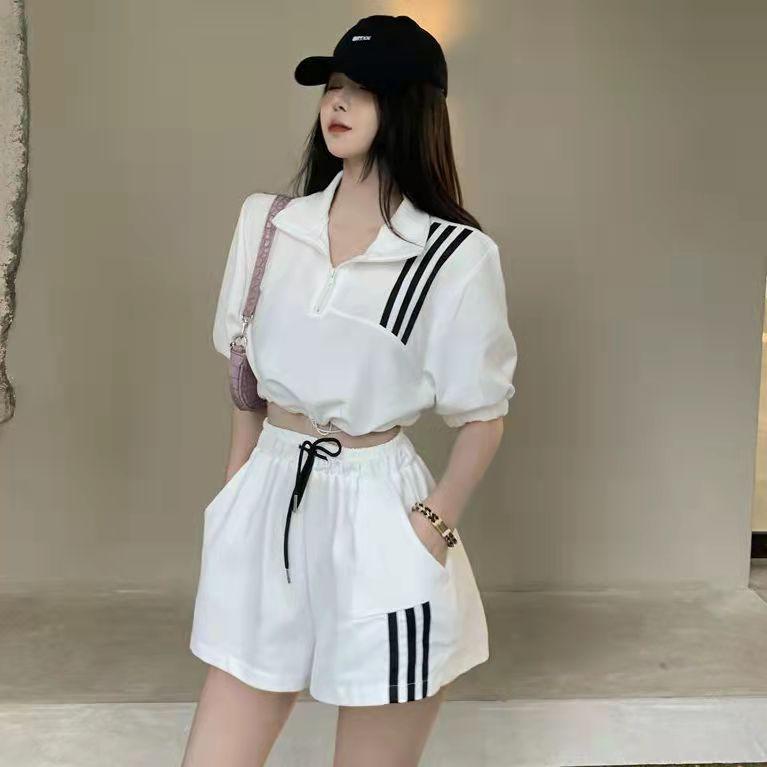 2PCS Female Sports Suit Student Ins Summer Loose Short-sleeved + Casual Striped Shorts Two-piece Set Athletic Clothing Sets Girl's Short Suit