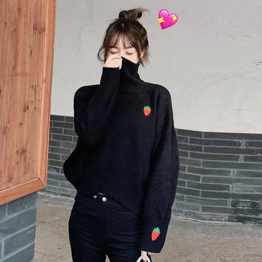 Turtleneck Sweater Women's Embroidery Strawberry Autumn and Winter Warm Loose Sweater Thick