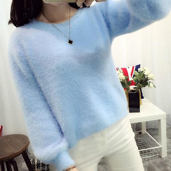 Autumn and Winter Round Neck Short Top Loose Pullover Solid Color Long-haired Sweater Thick Mohair Bottoming Shirt