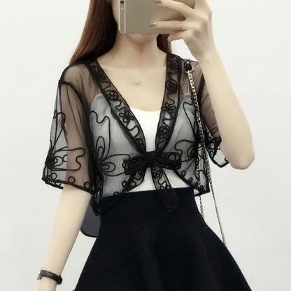 1 PCS Lace Chiffon Cardigan Thin Shawl WomenSun Protection Summer Short Coat Top