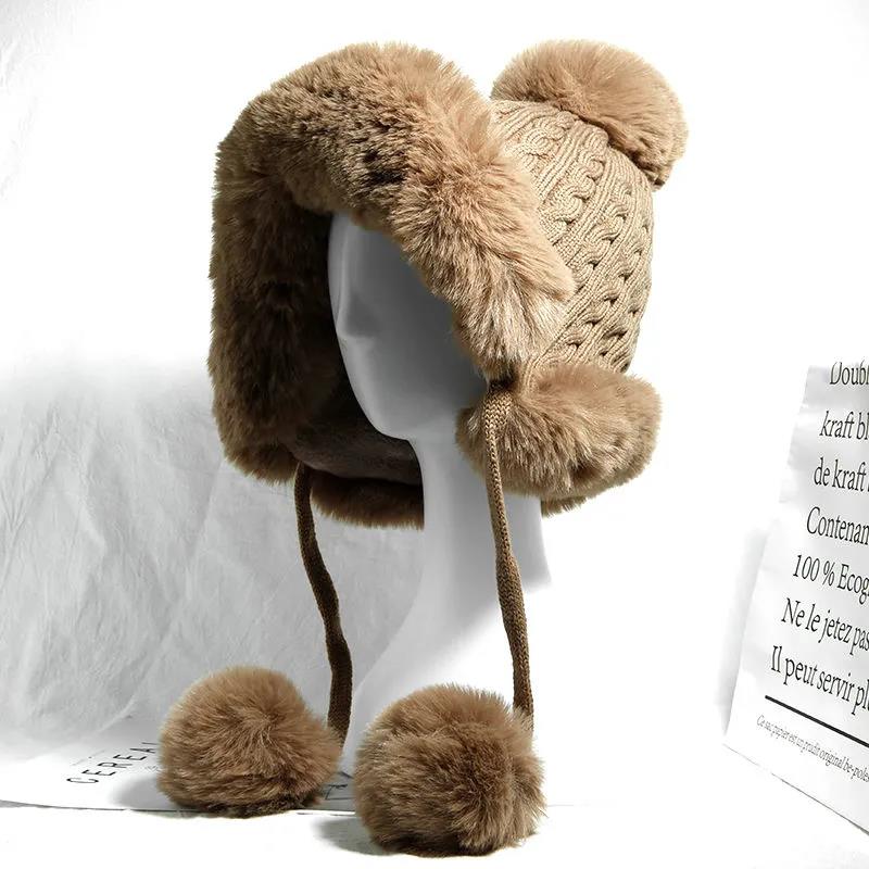 Women's Knitted Hat Fashion Rabbit Fur Stitching Woolen Hat Winter Plus Velvet Thickening Outdoor Windproof Ear Protection One