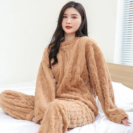 Women's Crochet Pajamas Set Plus Velvet Long Sleeves Flannel Coral Suit Home Wear Solid Color Loose Pajamas Pants Two-piece Set