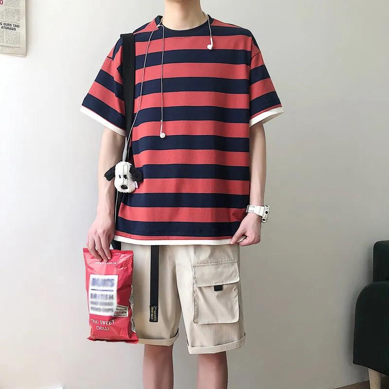 Five-point T-shirt Male Korean Version of The Youth Loose Boy Short-sleeved Trend Clothes Student Summer Striped Half-sleeved T-shirt