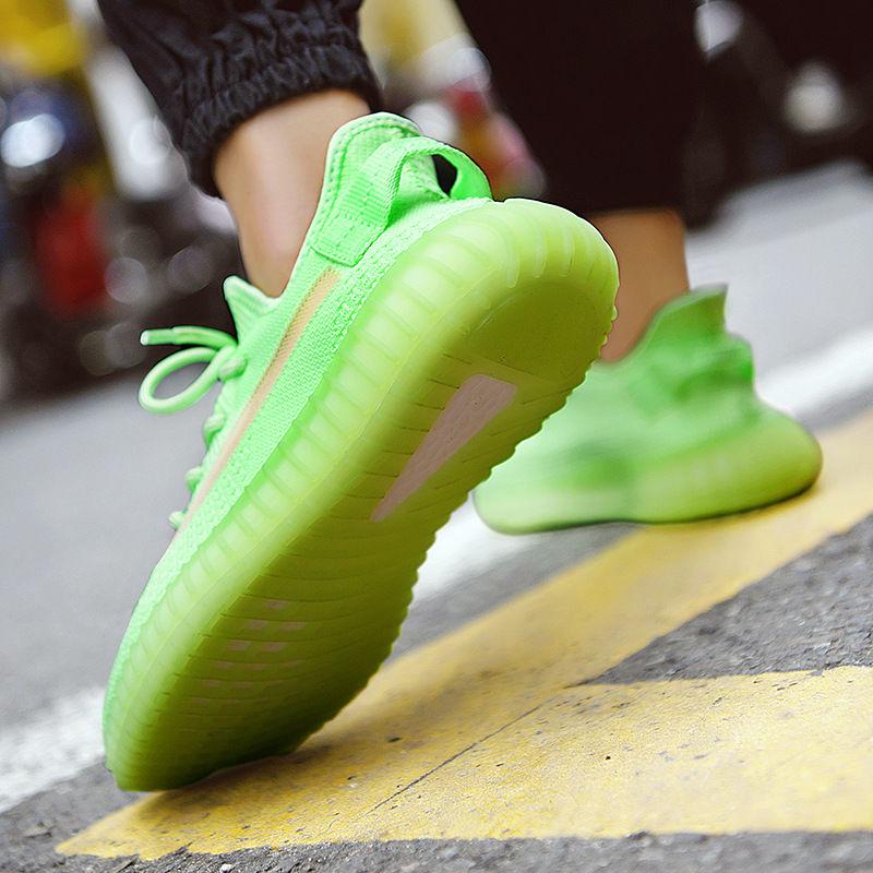 Men's shoes fluorescent green luminous breathable running couple shoes Flying woven mesh sneakers