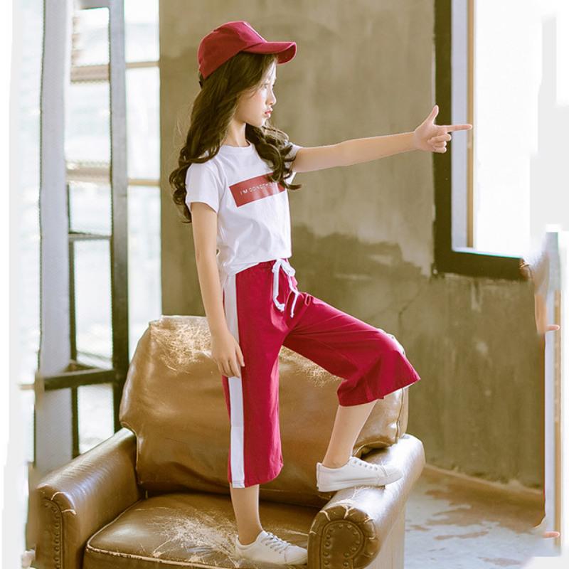 Girls Summer Breathable Thin Short-sleeved Suit Children's Loose Cropped Pants Casual Dancing Clothing Comfortable and Simple Two-piece Suit