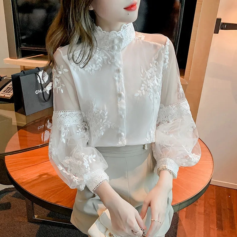 Sweet Lace Chiffon Shirts Elegant Patchwork Solid Spring Summer 2022 Stand Collar Long Lantern Sleeve Cardigan Women's Clothing