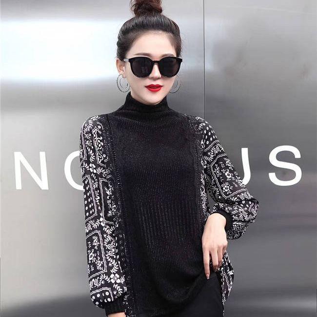 Spring Autumn Vintage Printed Sweater Women Loose Korean Knitwear Top High Neck Pullover Sweater