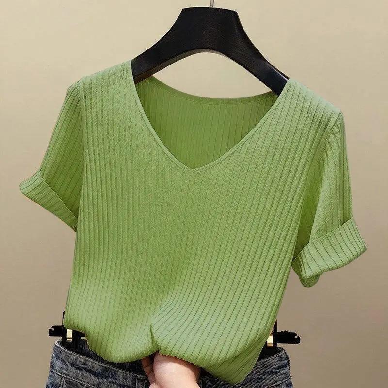 Spring Summer Women's Short Sleeve T-Shirt Female Ice Silk Knit Top V-Neck Loose Large Size Bottoming Shirt