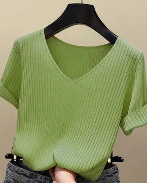 Spring Summer Women's Short Sleeve T-Shirt Female Ice Silk Knit Top V-Neck Loose Large Size Bottoming Shirt