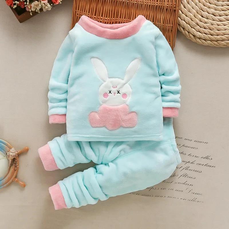 Baby Girl Autumn and Winter Flannel Thickened Pajamas Home Service Double-sided Fleece Baby Clothes Kids Suit Fashion Cotton Clothes