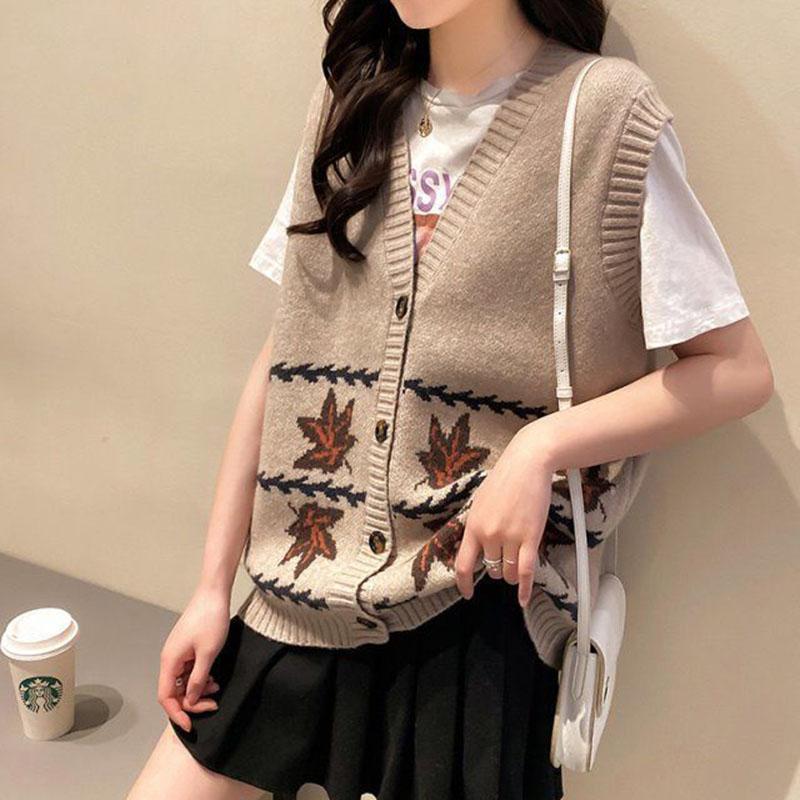 Spring and Autumn Fashion Knitted Vest Cardigan Loose and Versatile Tops Fashion Jacquard Women Sweater