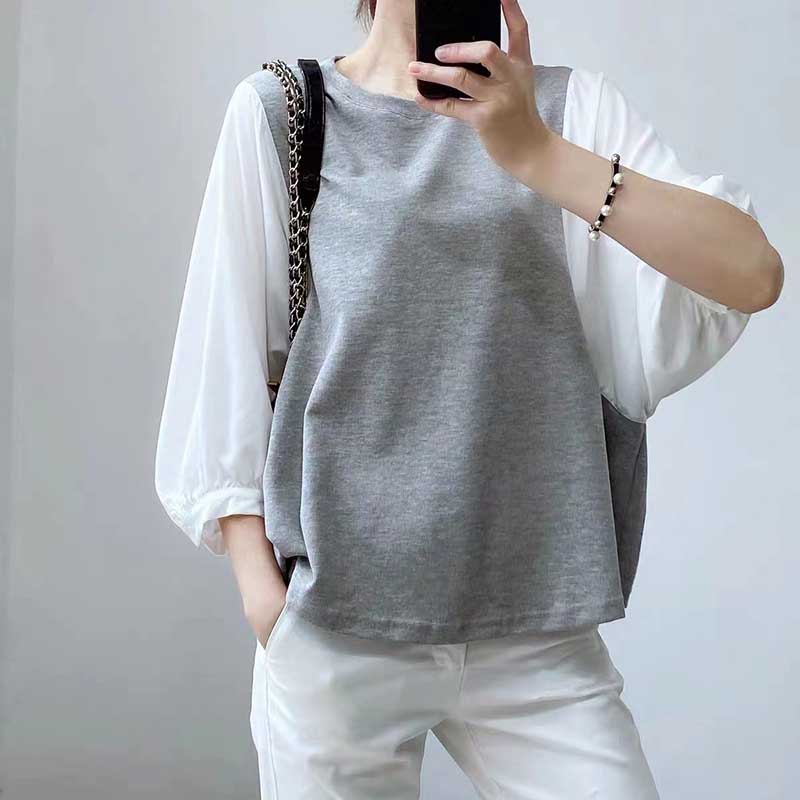 Outer Wear Single Shirt Fake Two Pieces Stitching Spring and Summer Design Loose T-shirt Ladies Long Sleeves