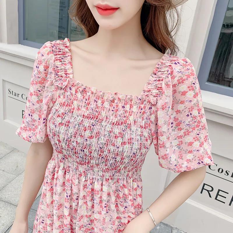 Female Vintage High Waist Super Fairy Holiday Dress Elegant Slim Little Fresh Chiffon Floral Print Dress