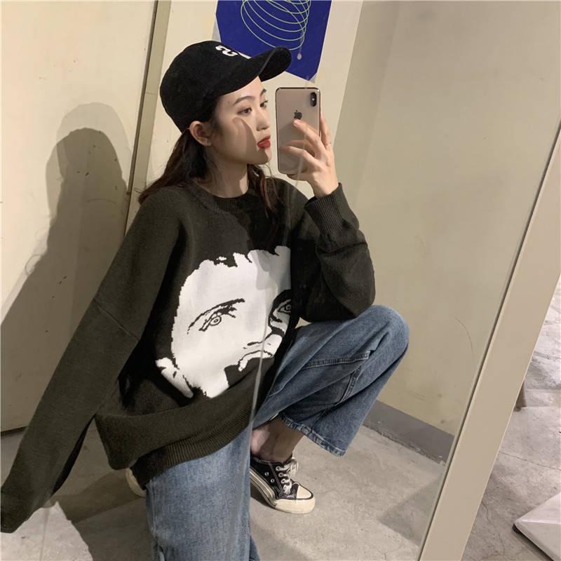 Pofulove Autumn Winter Korean Sweater Women Loose bf Wild Sweater Color Matching Round Neck Coat