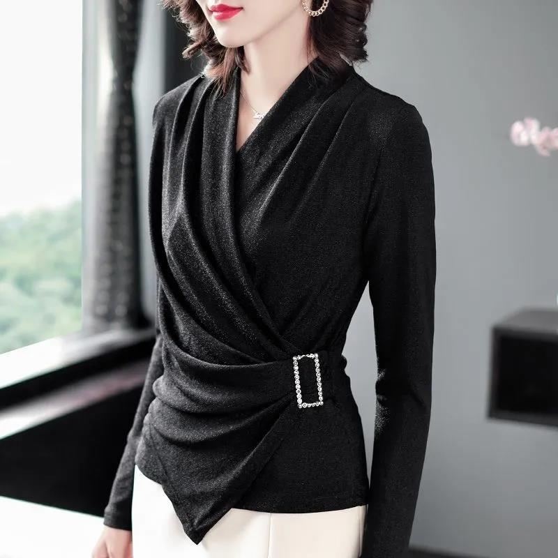 Autumn Long Sleeve Women's Blouse Sexy Cross V-neck Thin Black Female Blouses Spring Casual Office Elegant Lady Top Pullover